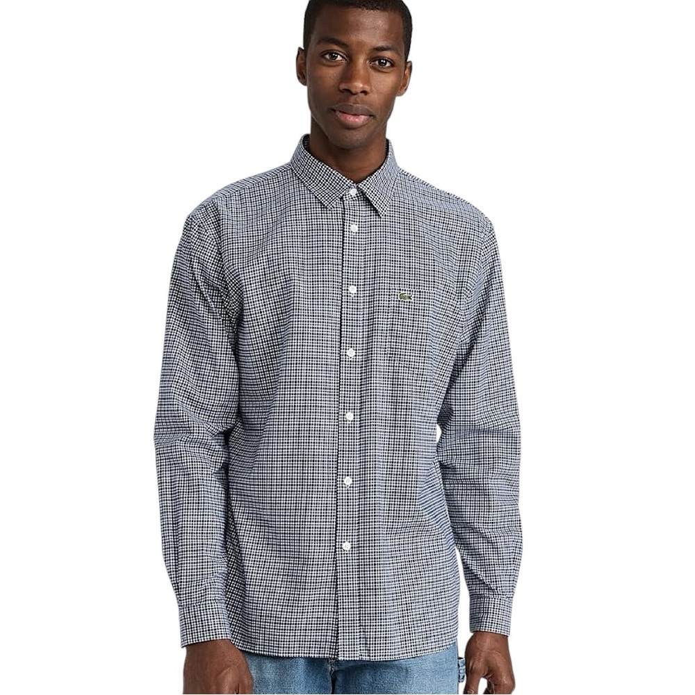 LACOSTE Checkered Long Sleeve Button Down Shirt